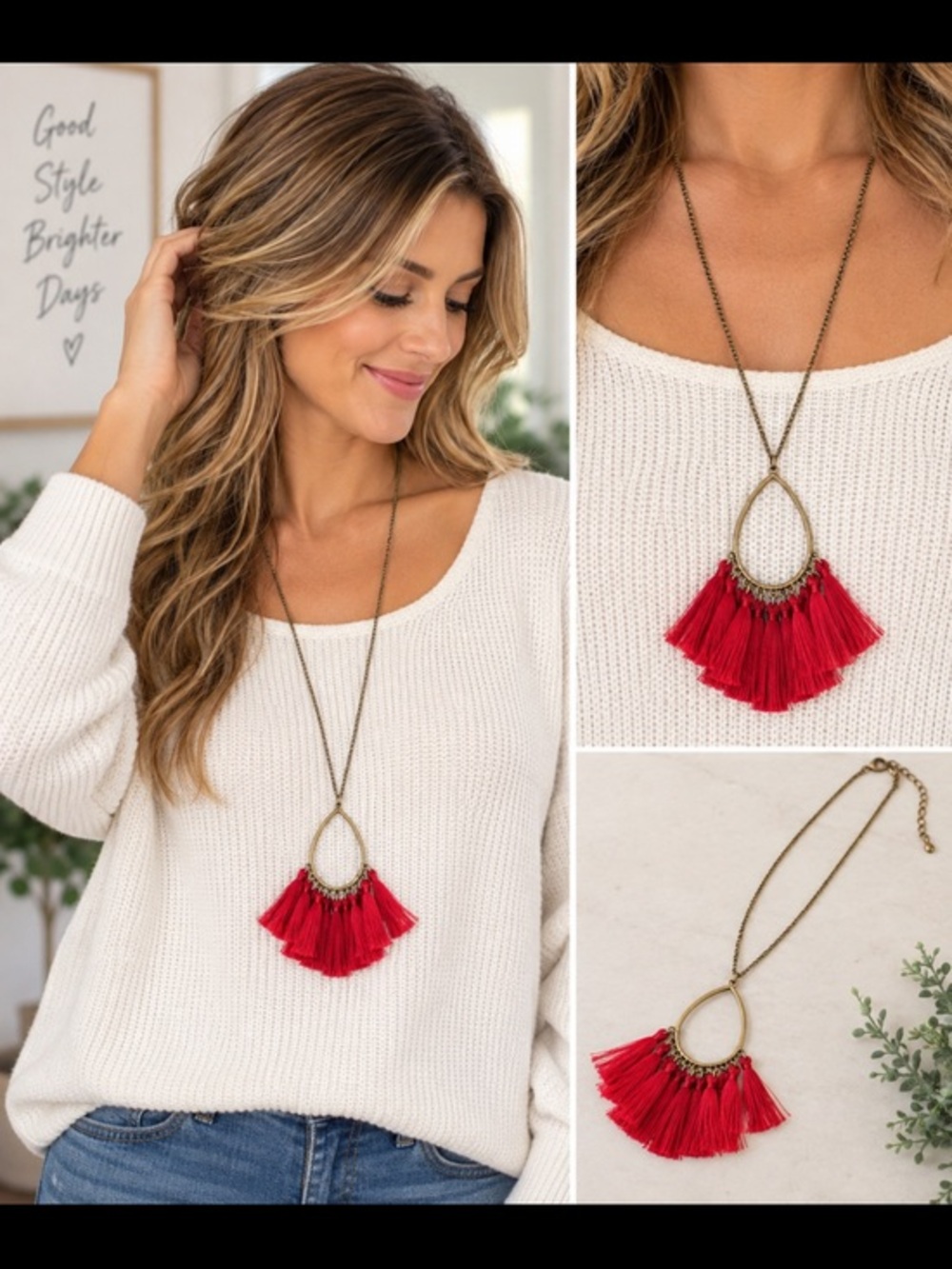 Red Tassel Teardrop Pendant Long Boho Statement Necklace